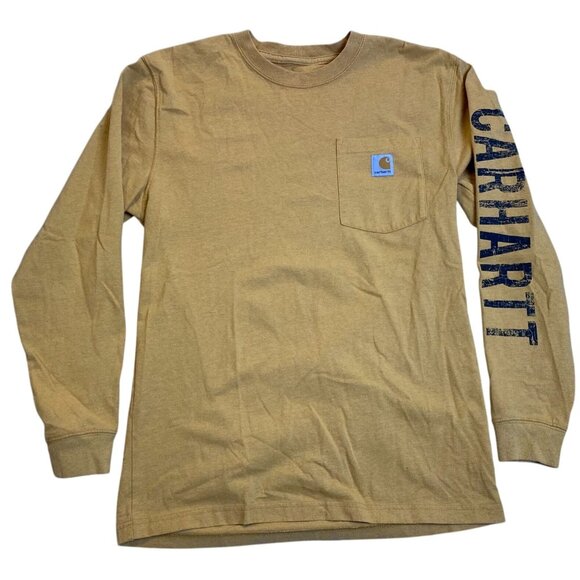 Carhartt Mens Long-Sleeve Logo Pocket Tee Small Mustard Yellow Sleeve Spell Out - Picture 1 of 13